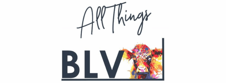 Text "All Thing BLV" with an abstract cow painting
