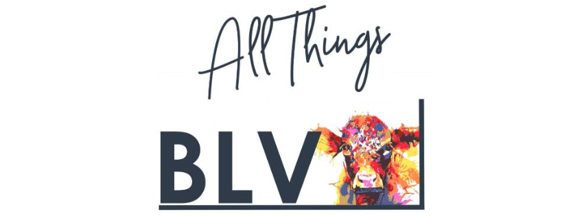 Text "All Thing BLV" with an abstract cow painting
